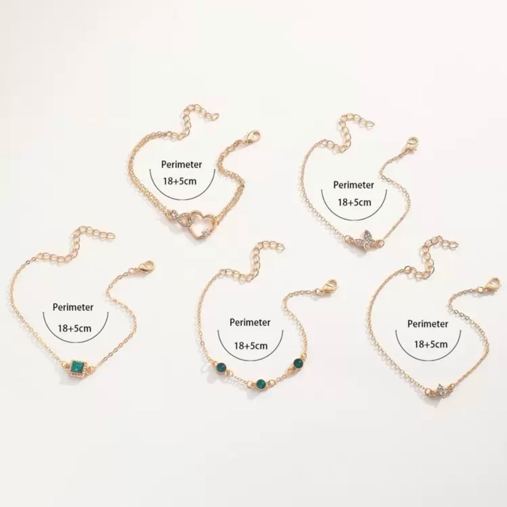 Set of 5 Elegant Gold and Emerald Bracelets - Butterfly and Heart (NEW) - Picture 3 of 4